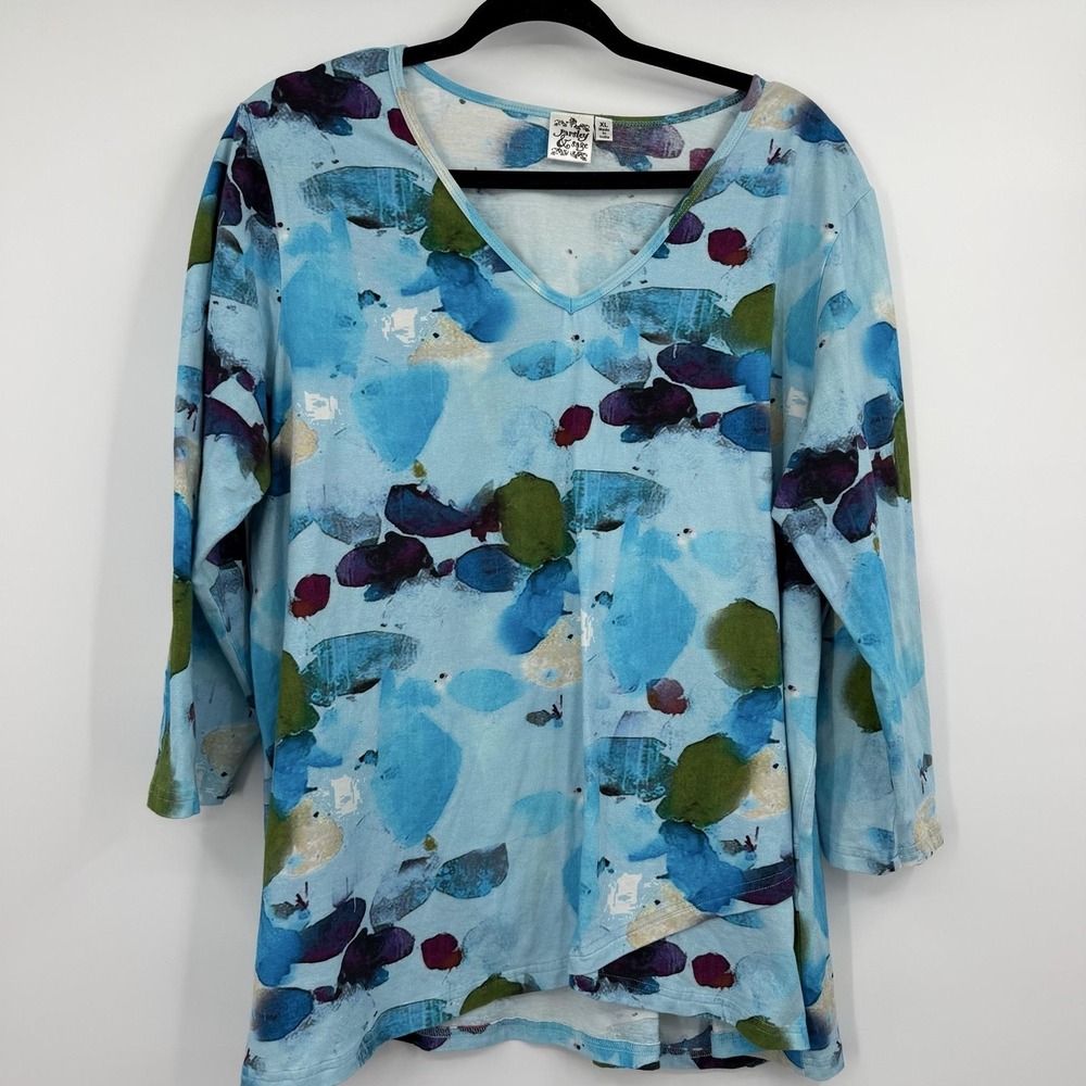 Parsley And Sage Tunic Womens XL Blue V-Neck 3/4 Sleeve Jersey Stretch Relaxed